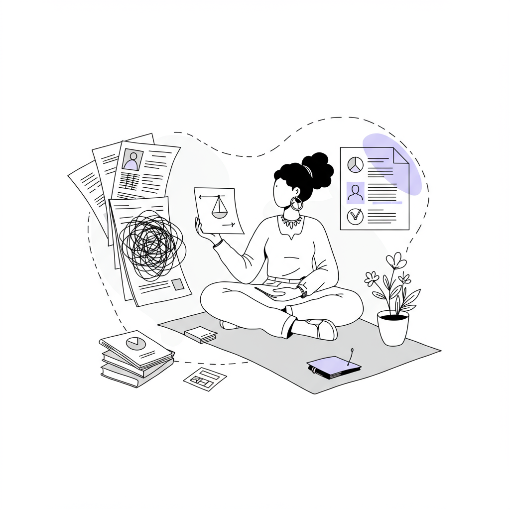 Line art of a black female solopreneur mindfully choosing a clear business path; pastel purple flower accent | Femmeprenista
