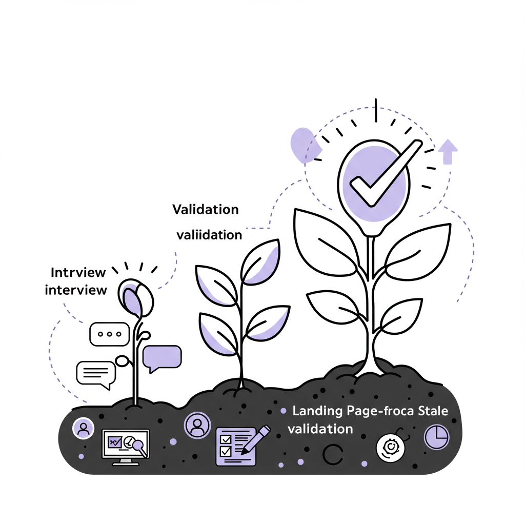 Line art: Seed sprouting into plant with checkmark leaves, pastel purple accent. Validating a business idea | Femmeprenista