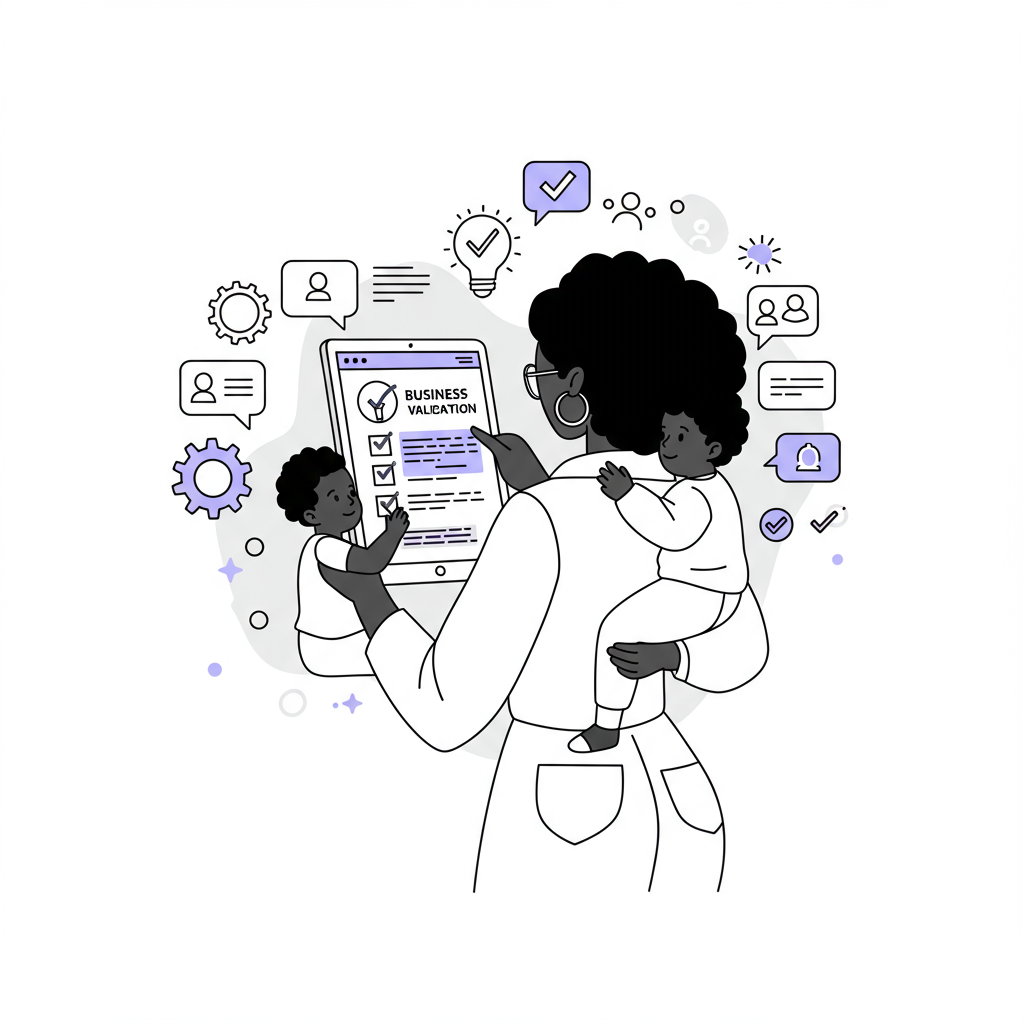 Chic black and white line art: Mumpreneur balancing child, validating her business idea on a tablet; pastel purple checkmark | Femmeprenista