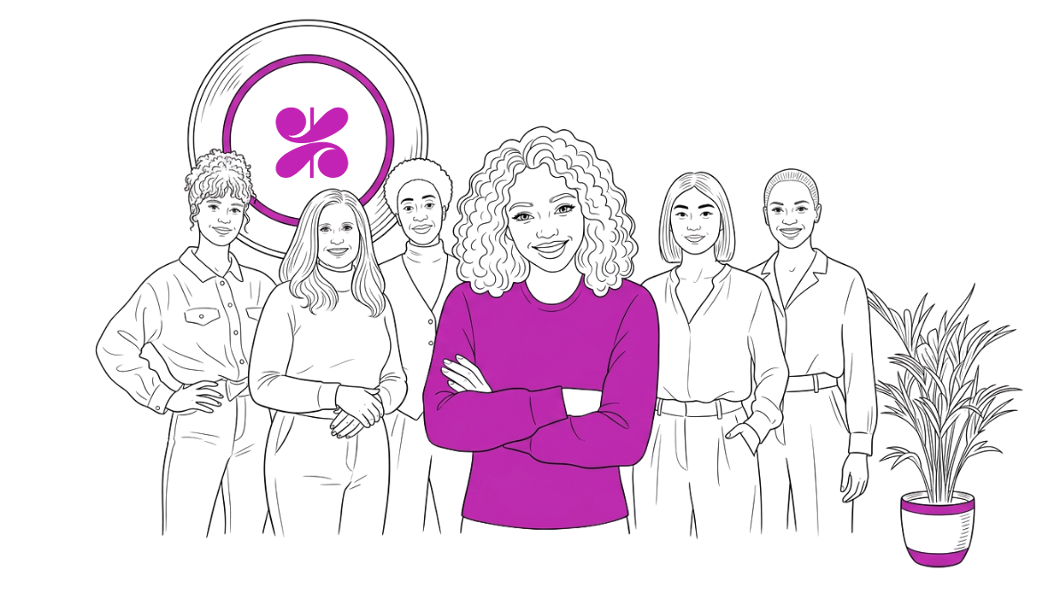 Illustration of a group of women in conversation, the Femme:Connect community