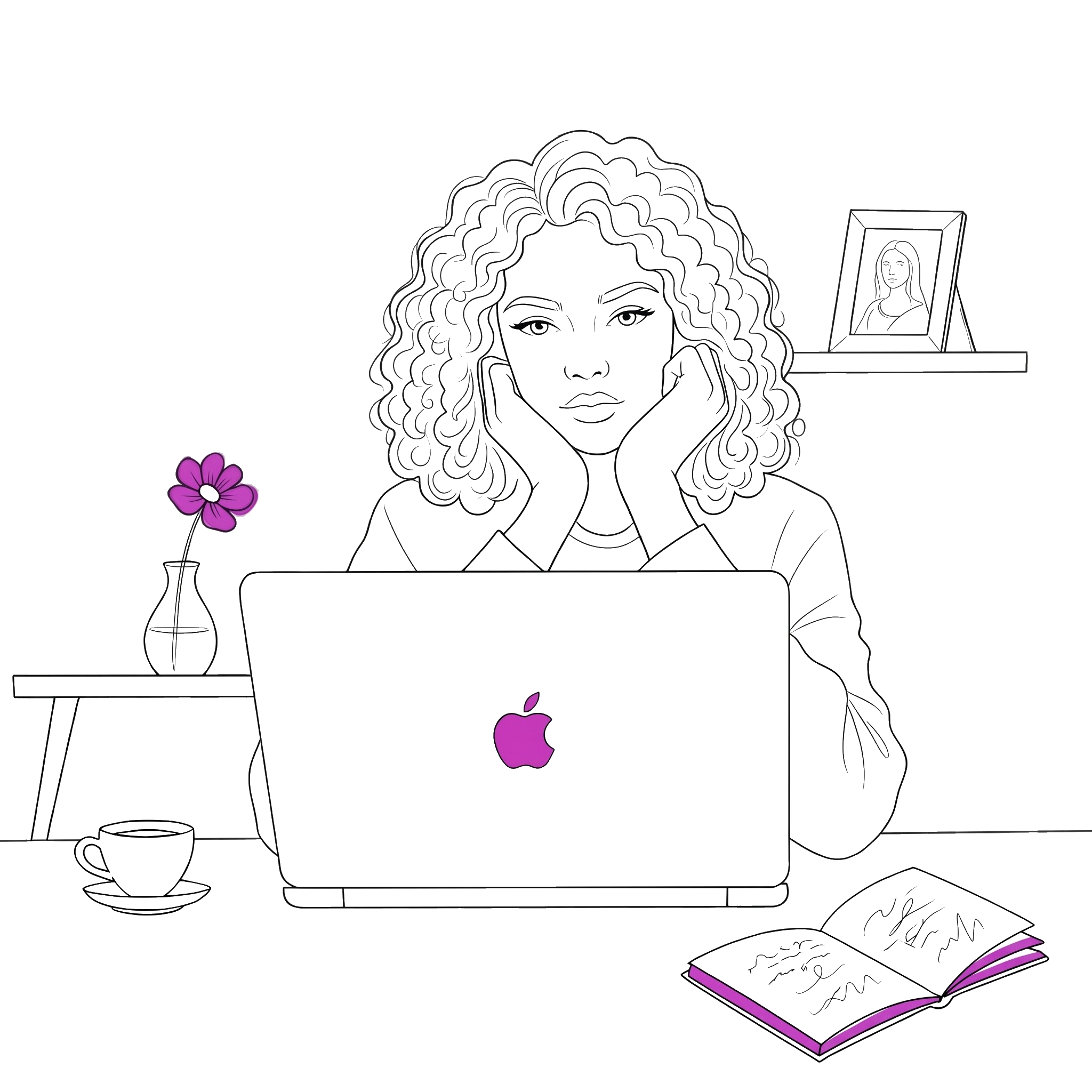 Illustration of a woman at her desk with a laptop, working calmly with intention