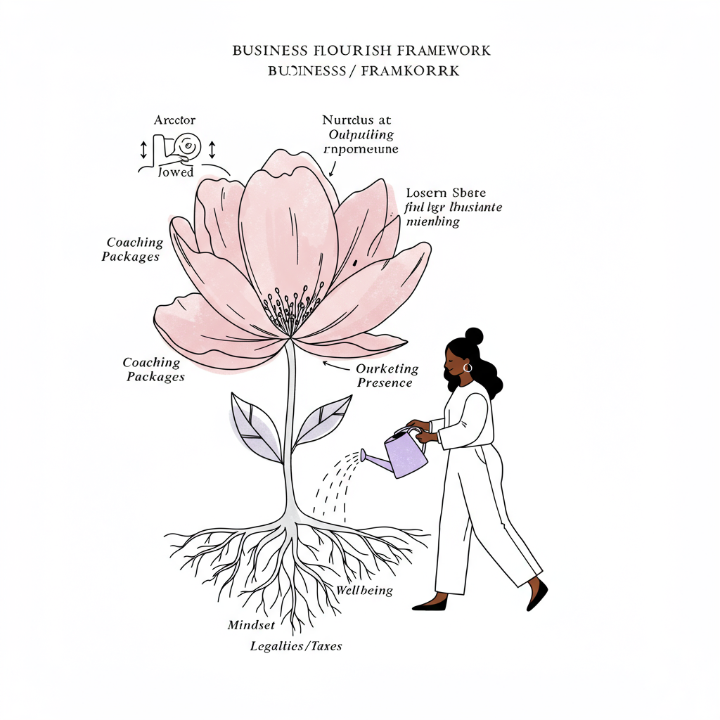 Line art: Black femmeprenista nurturing a business flower (Mindset, Branding, Coaching) with pastel purple watering can | Femmeprenista
