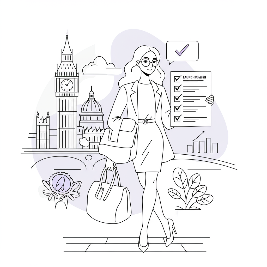 Chic black and white line art of a UK femmeprenista with coaching business launch checklist; pastel purple checkmark | Femmeprenista