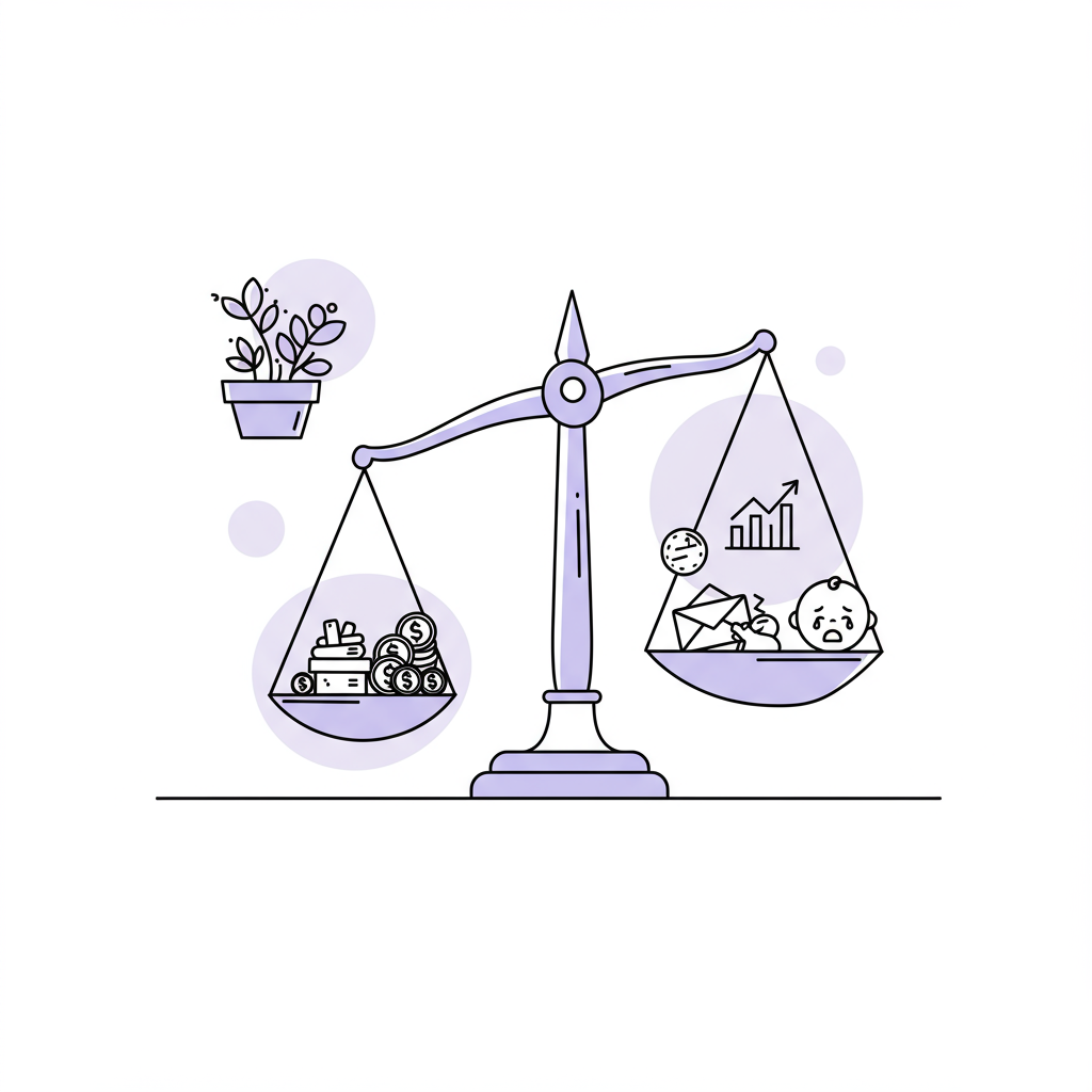 Line art: Strategic investment balance; thriving plant in pastel purple versus draining tasks | Femmeprenista