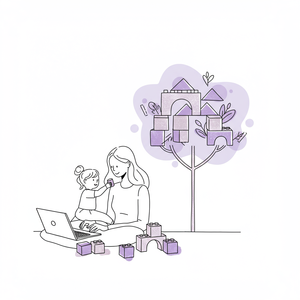 Chic line art: Mom entrepreneur working on laptop, child plays with building-block "tree" accented in pastel purple | Femmeprenista