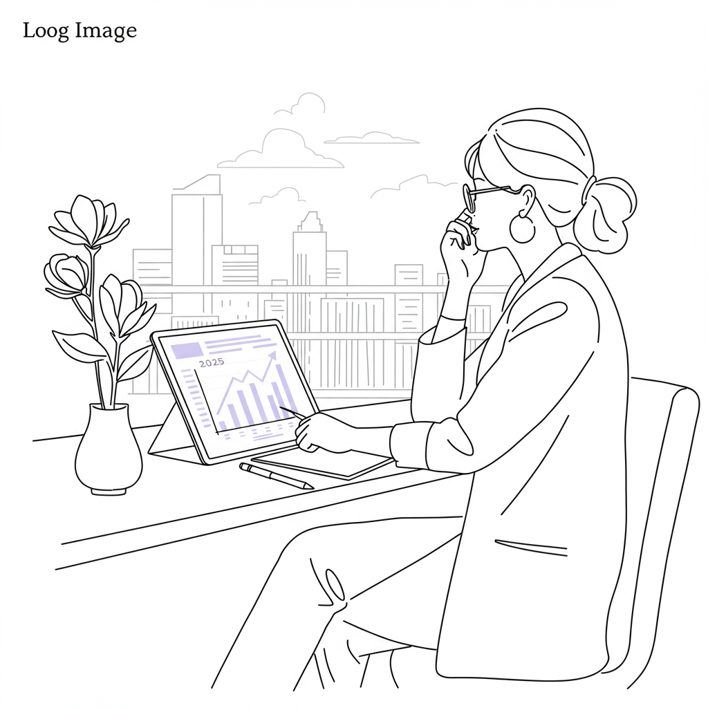 Chic line art: Millennial female entrepreneur calmly reviews financial charts in front of 2025 cityscape, pastel purple accent | Femmeprenista