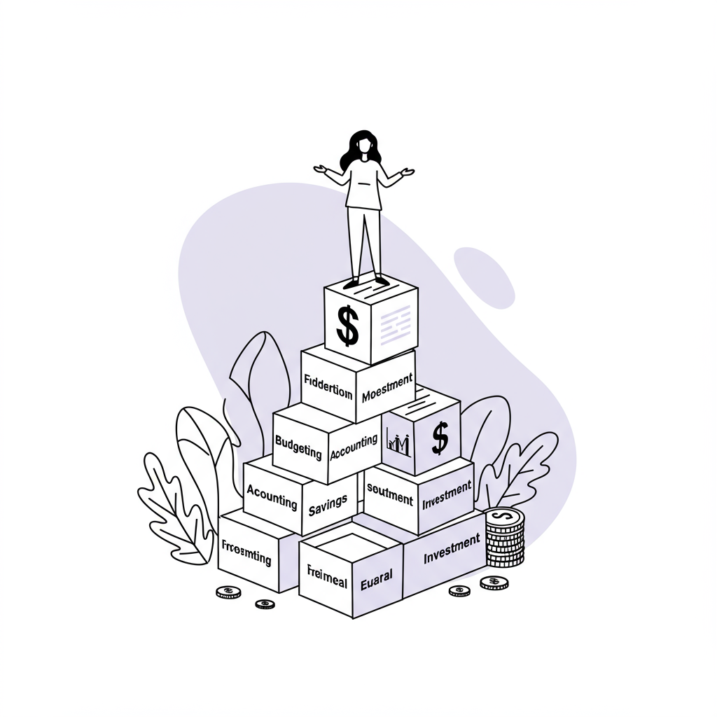Elegant line art: Building blocks of financial stability for female entrepreneurs; pastel purple highlight on "Investment" | Femmeprenista