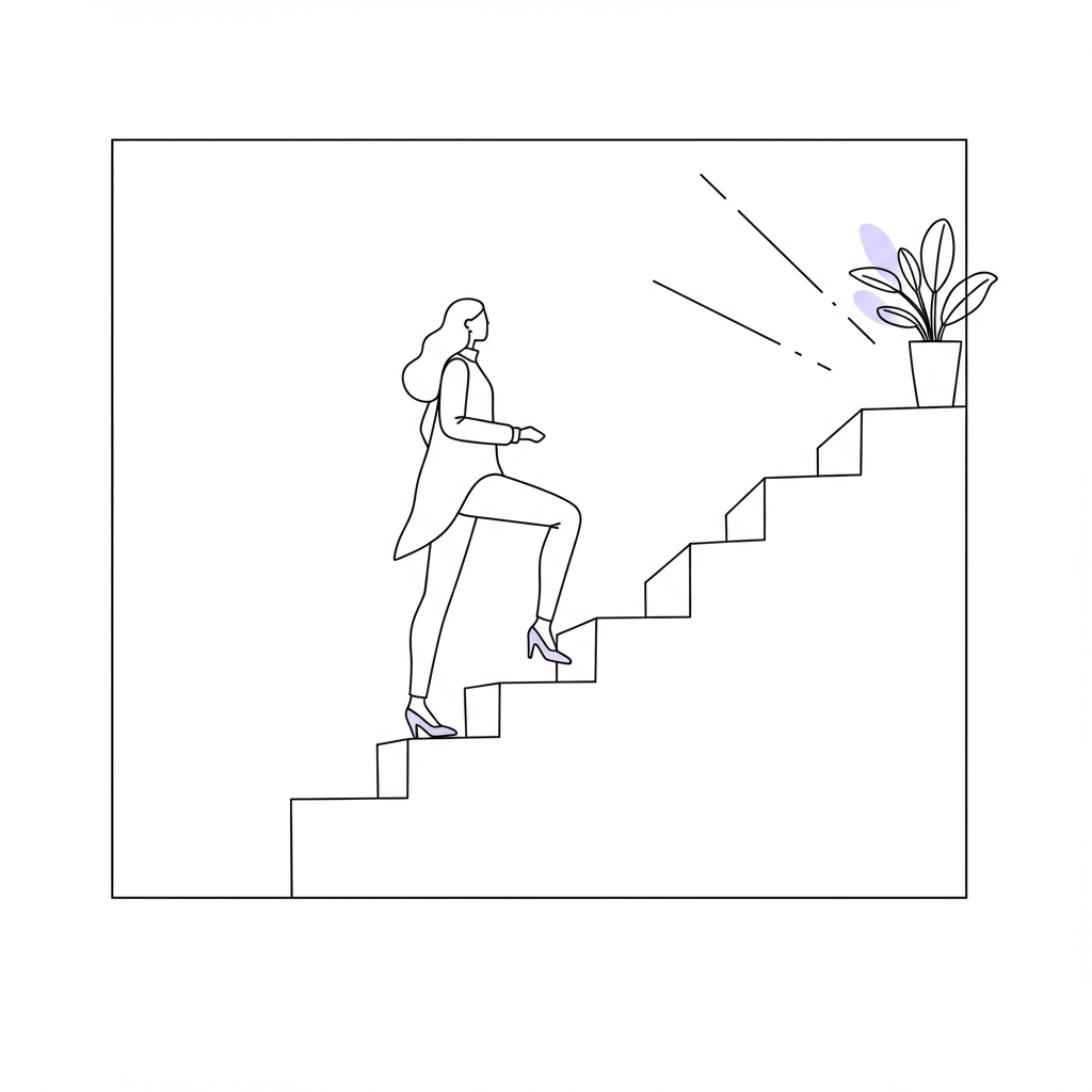Line art: woman leader confidently scaling a staircase shaped like rising business charts, pastel purple shoes, breaking the income plateau | Femmeprenista