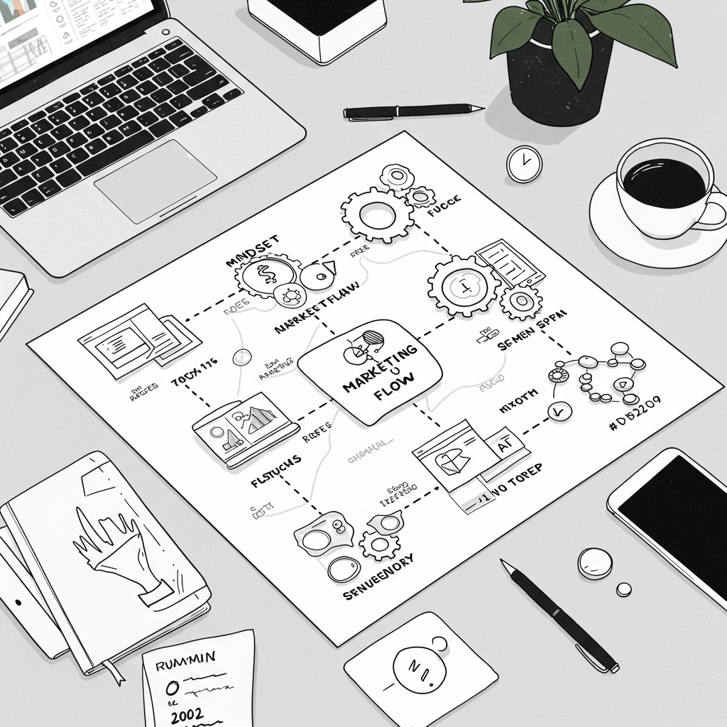 Chic line art of a stylized growth map across a desk, pastel purple coffee cup, black and white; strategic planning for female leaders | Femmeprenista