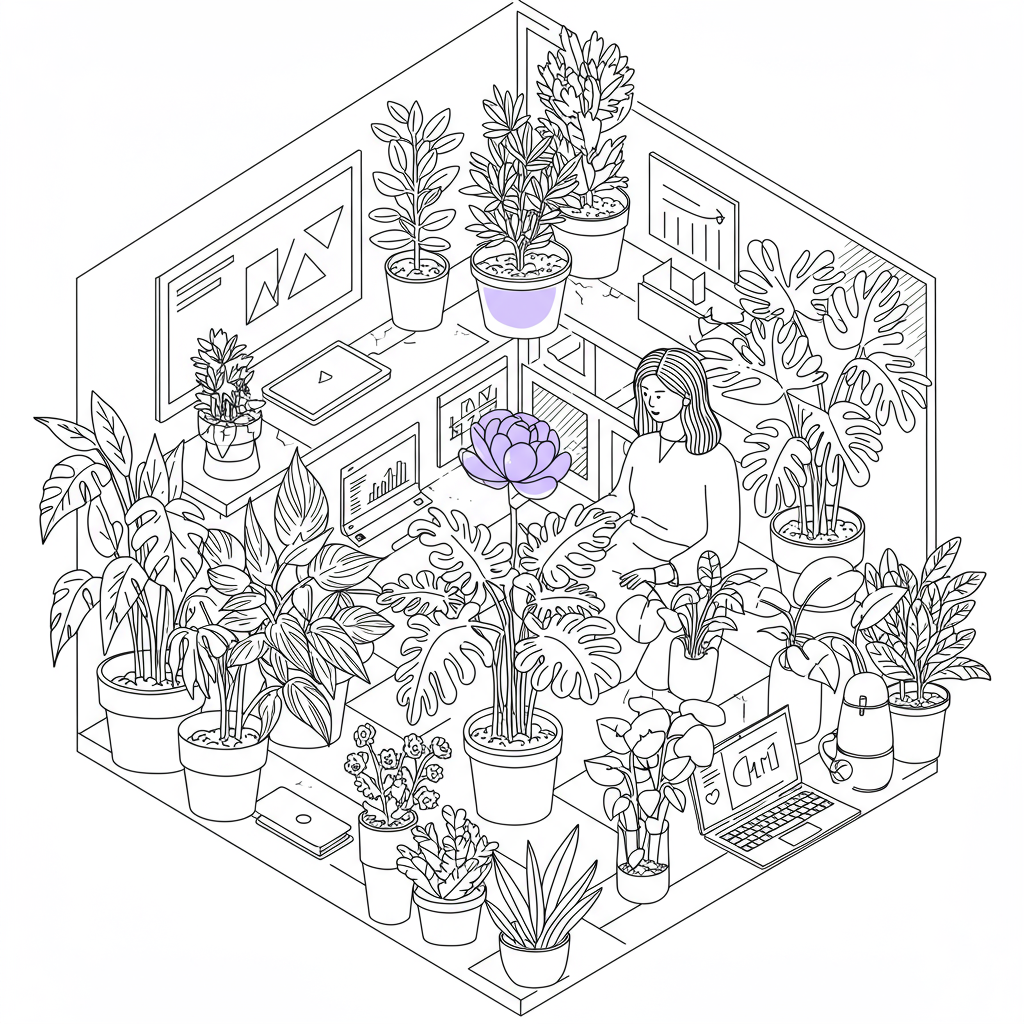 Chic black and white line art: Asian entrepreneur tending lush indoor garden; pastel purple flower detail symbolizes wellbeing | Femmeprenista