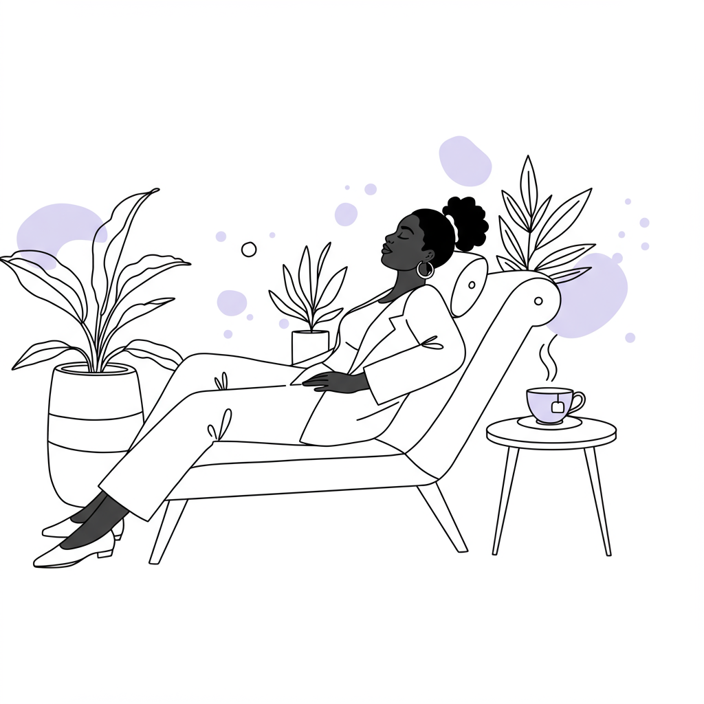 Black entrepreneur in chic line art, meditating on chaise lounge; pastel purple teacup symbolizes wellbeing | Femmeprenista