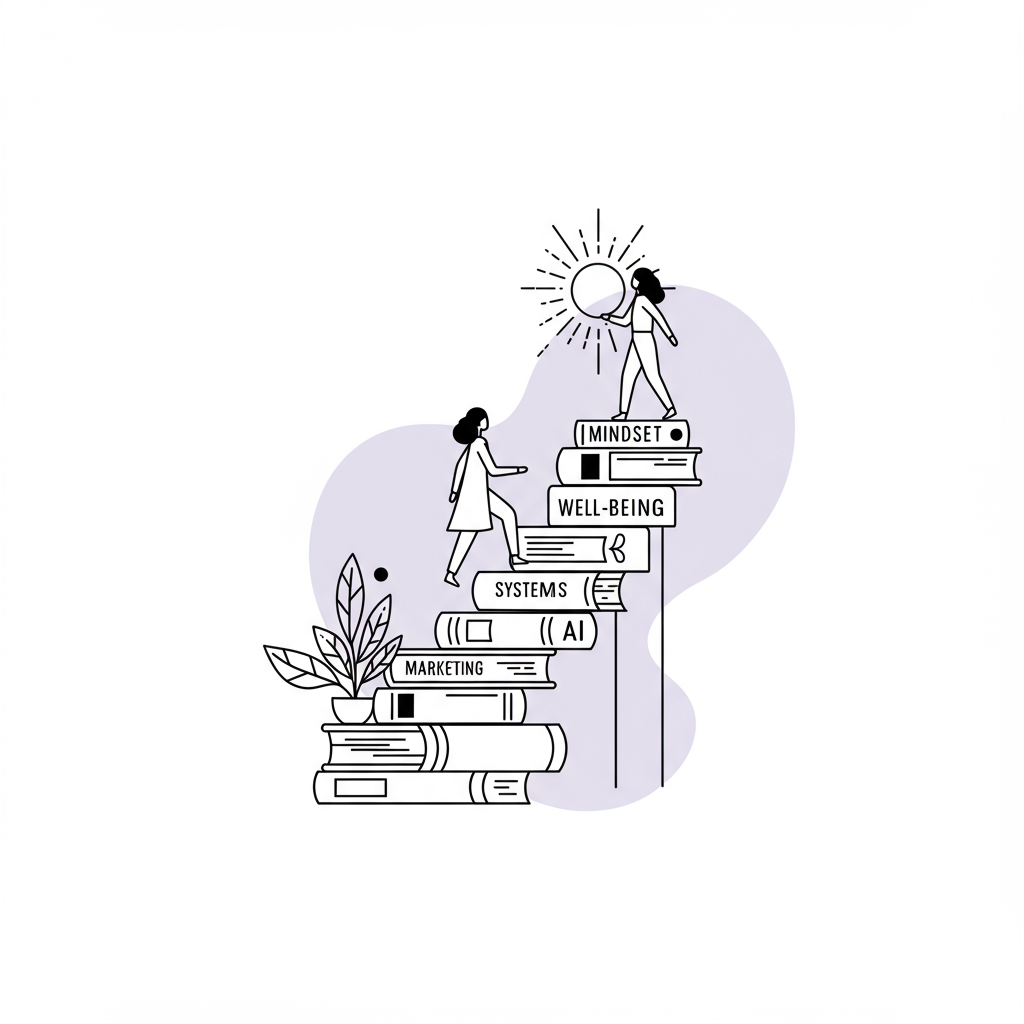 Line art: Woman ascends a staircase of books (mindset, marketing, etc.) toward a pastel purple sun. Growth and aspiration | Femmeprenista