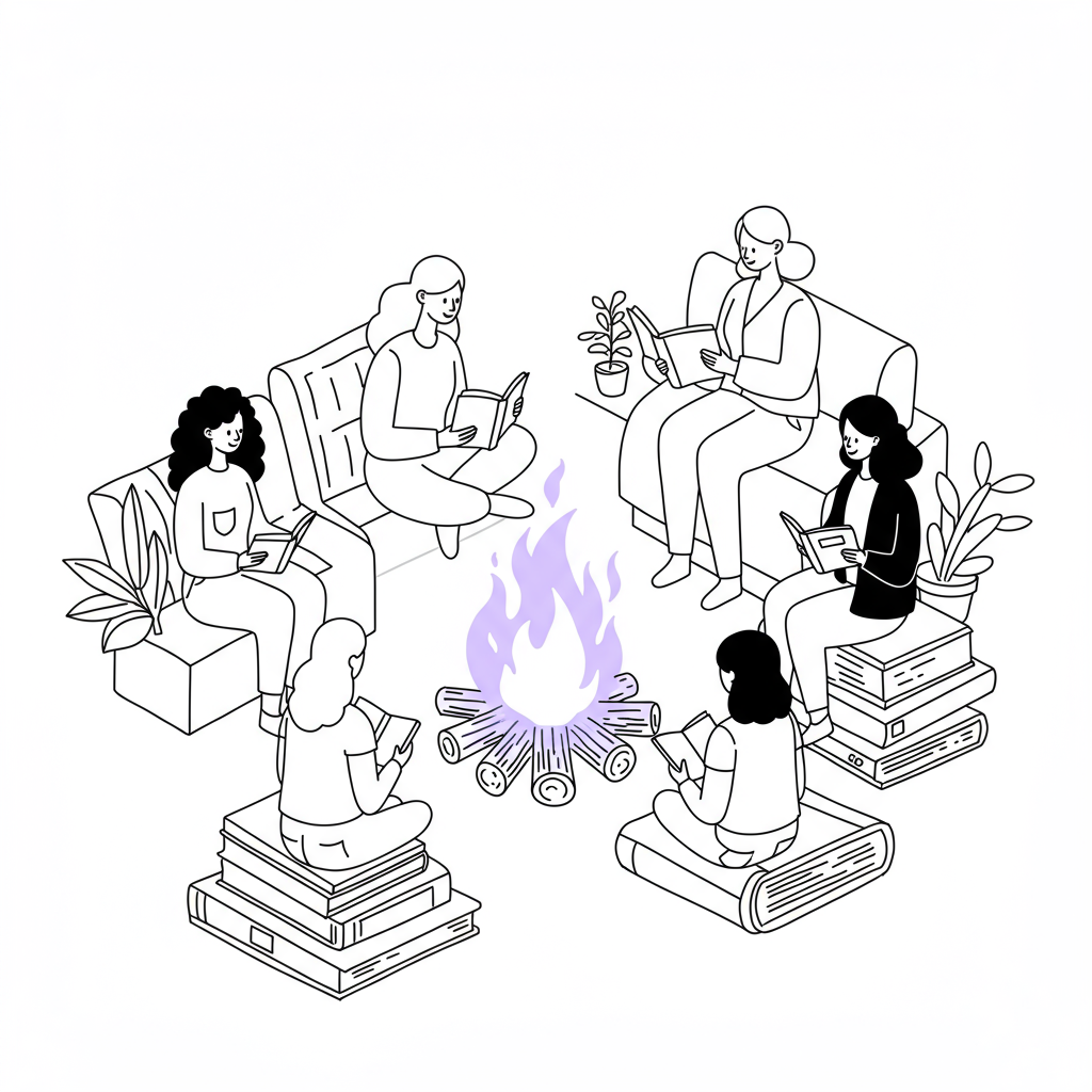 Chic black and white line art: diverse women entrepreneurs around a glowing book campfire; pastel purple flames | Femmeprenista