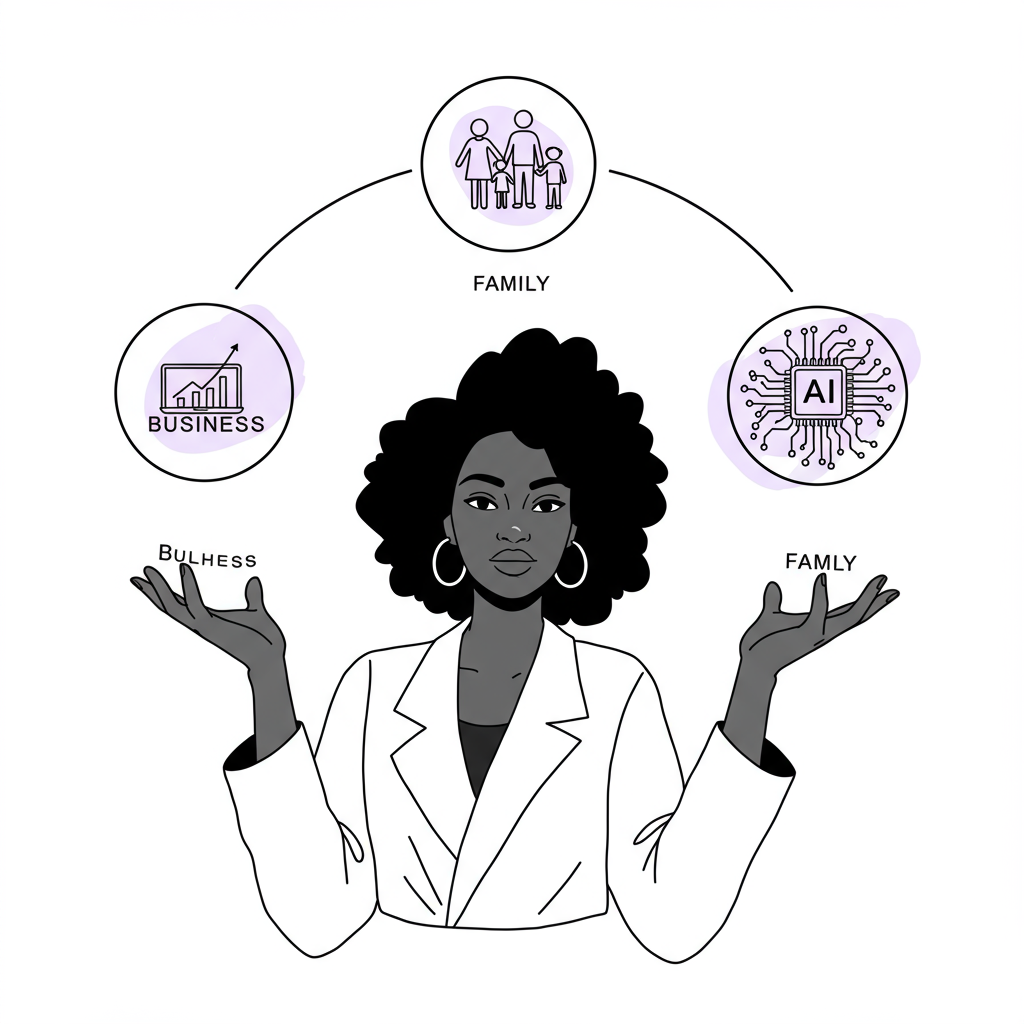 Modern line art: Black woman entrepreneur gracefully juggling business, family, and AI (highlighted in pastel purple) | Femmeprenista