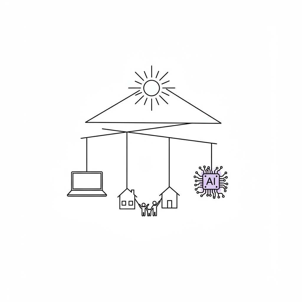 Chic line art mobile: Sun for inspiration, balanced by laptop, family, and AI (pastel purple accent), representing beautiful chaos | Femmeprenista