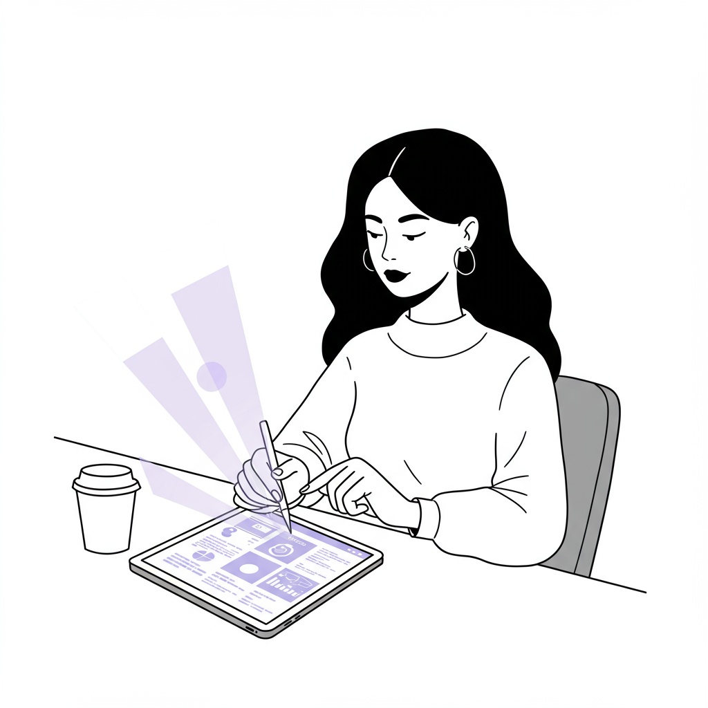 Chic black and white line art: New coaching business owner confidently designs offerings, light beams with pastel purple highlights | Femmeprenista
