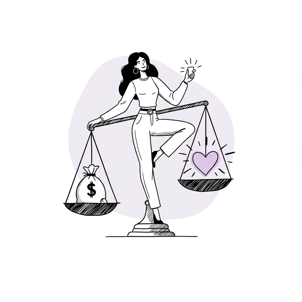 Line art: Stylish woman balancing heart (purple) and money on scales, representing coaching package pricing strategy | Femmeprenista