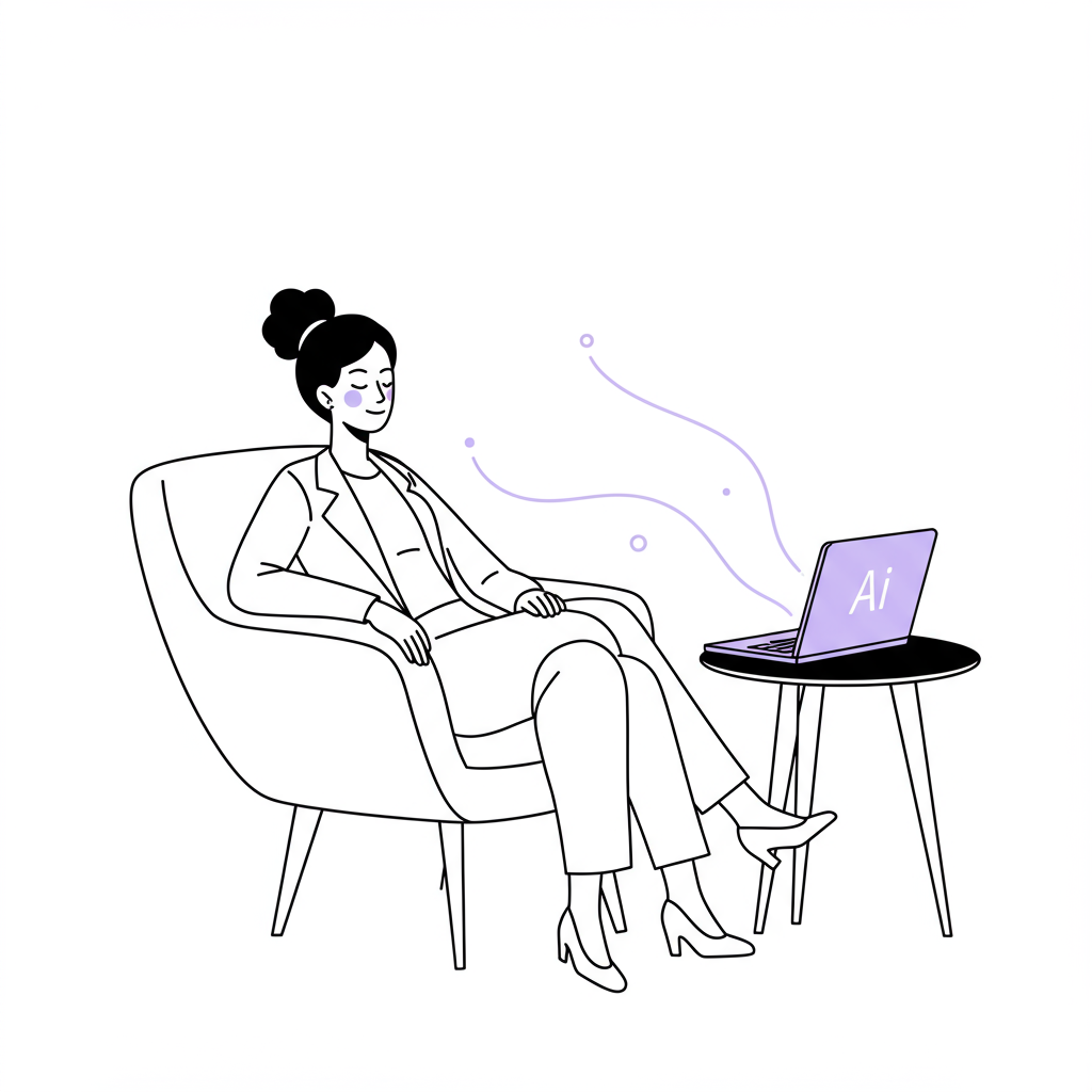 Chic line art: Mixed ethnicity female entrepreneur reclining in focus, laptop glows with AI, pastel purple screen | Femmeprenista