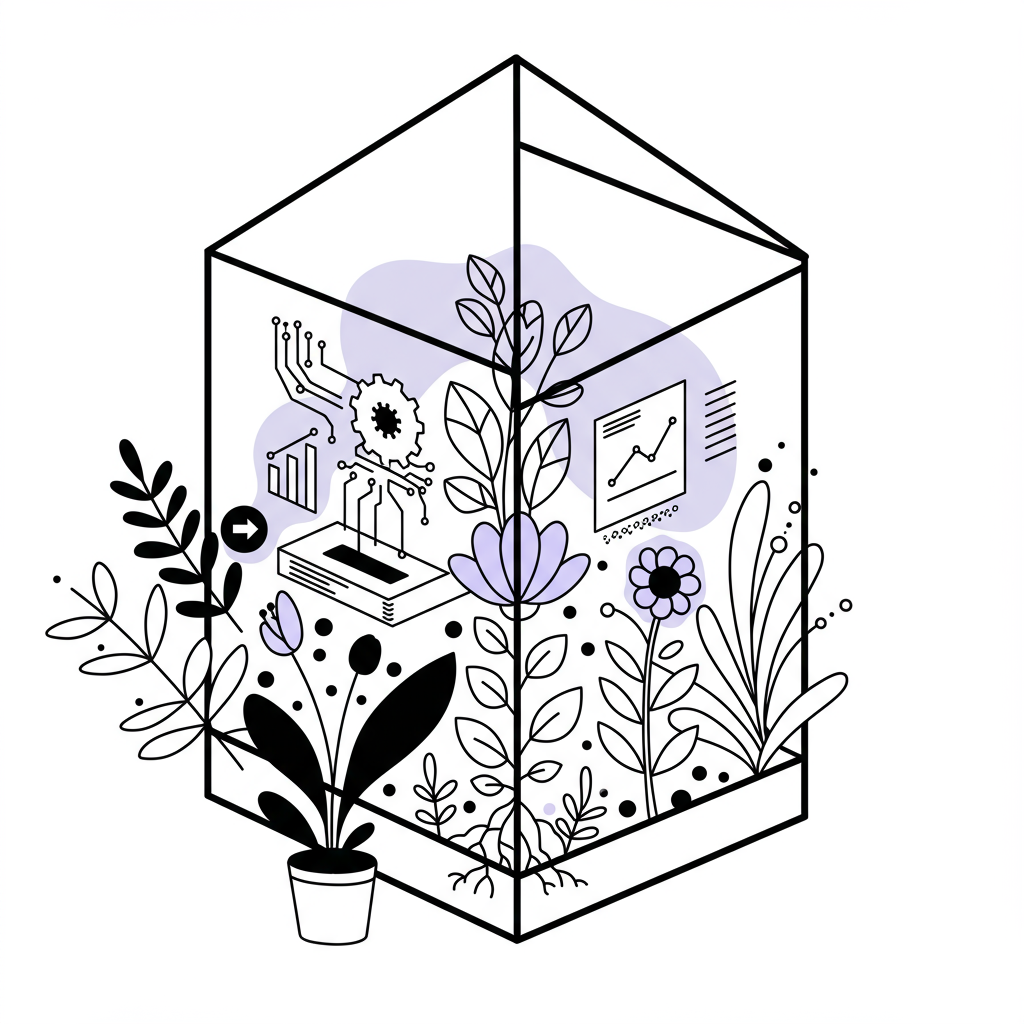 Line art: Thriving garden with AI-enhanced plants in a greenhouse; pastel purple flower highlights AI's influence | Femmeprenista