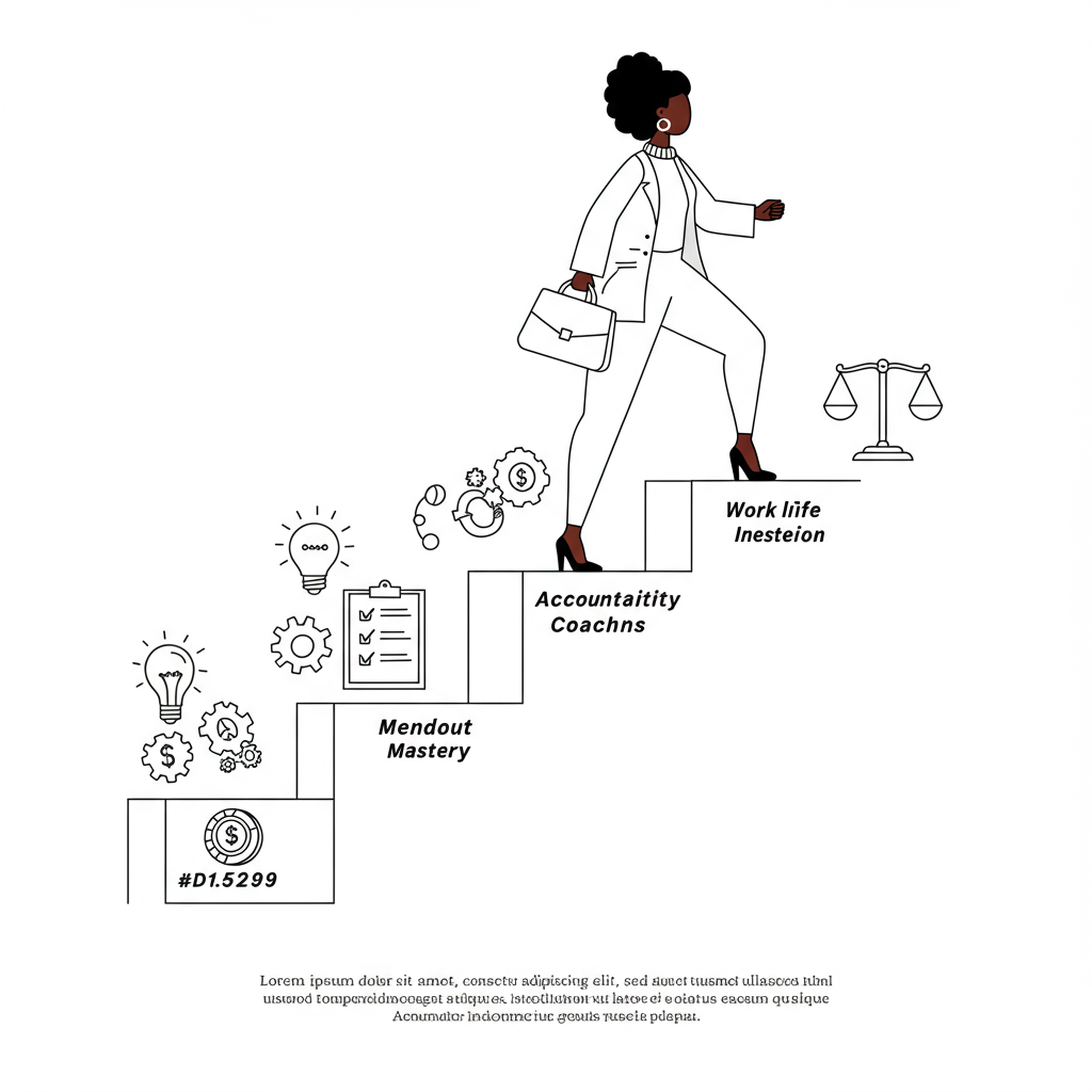 Line art of a confident Black female entrepreneur climbing stairs marked with coaching ROI icons; pastel purple handbag accent | Femmeprenista