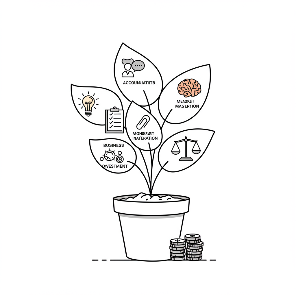 Line art of a flourishing plant symbolizing business coaching growth, pastel purple accent on soil representing investment | Femmeprenista