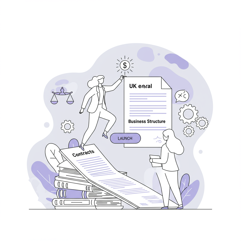 Chic line art: UK female entrepreneur confidently launching her business from a legal document launchpad; pastel purple launch button | Femmeprenista