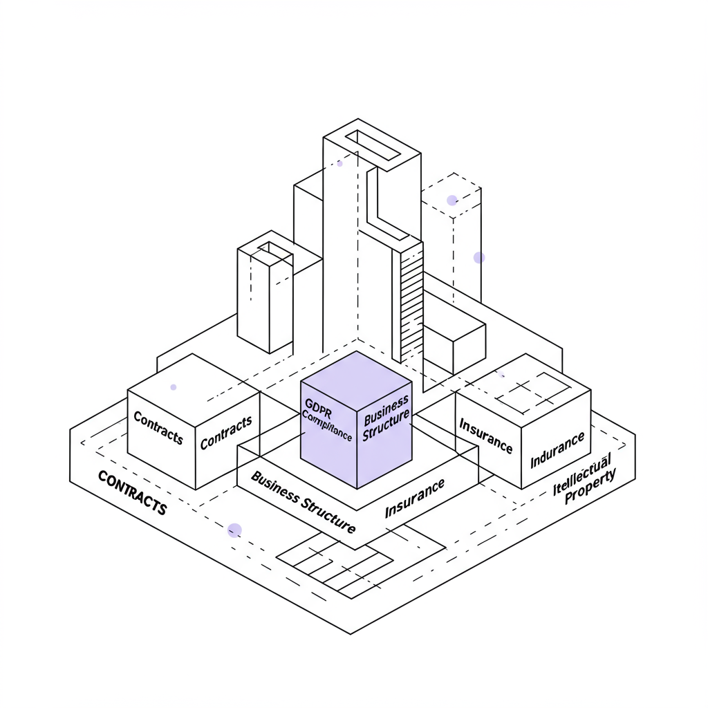 Chic blueprint line art shows business foundation: Contracts, GDPR, Structure (purple), Insurance, IP. Elegant, empowering | Femmeprenista