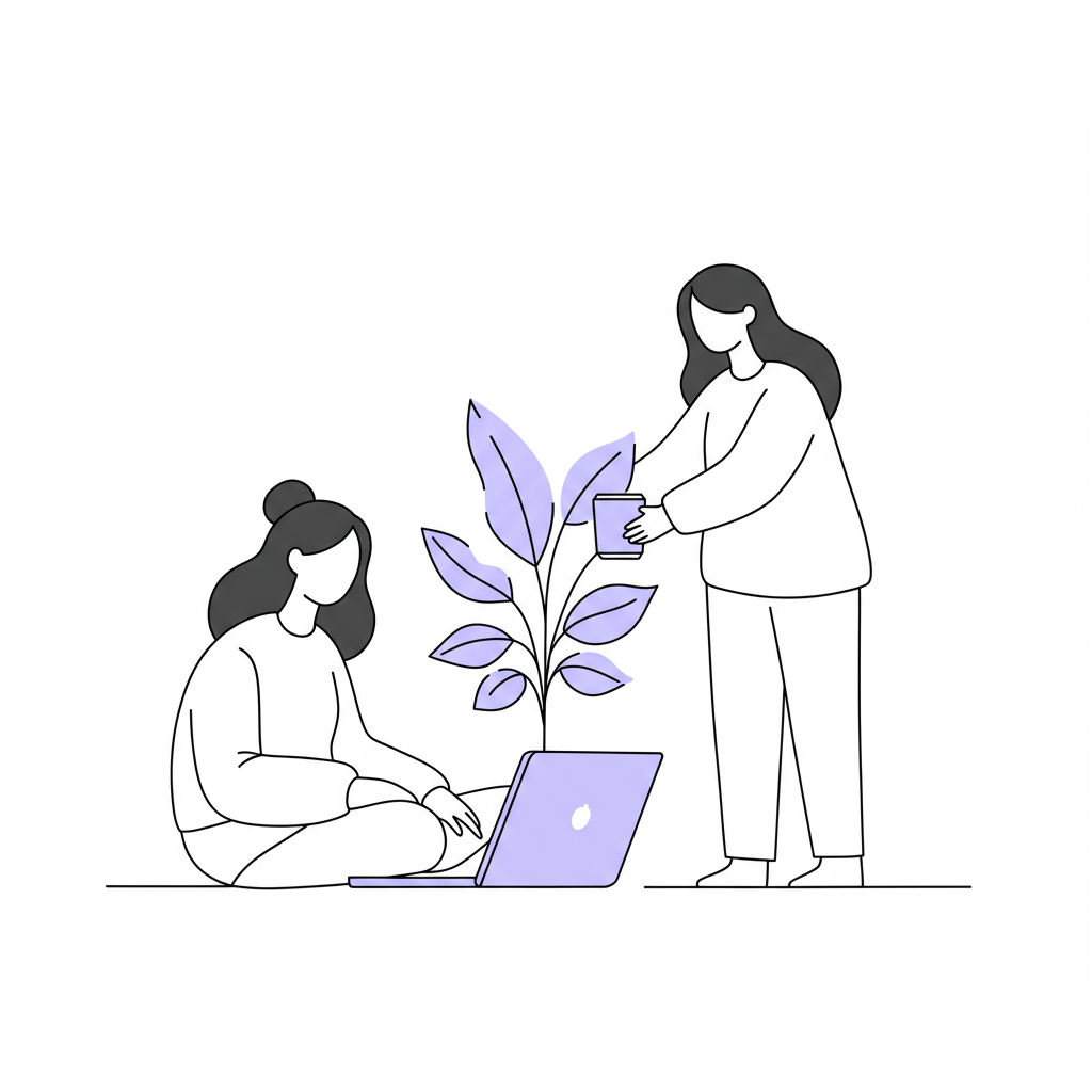 Chic line art: Two female entrepreneurs sharing responsibilities for business growth and wellbeing, pastel purple leaves | Femmeprenista