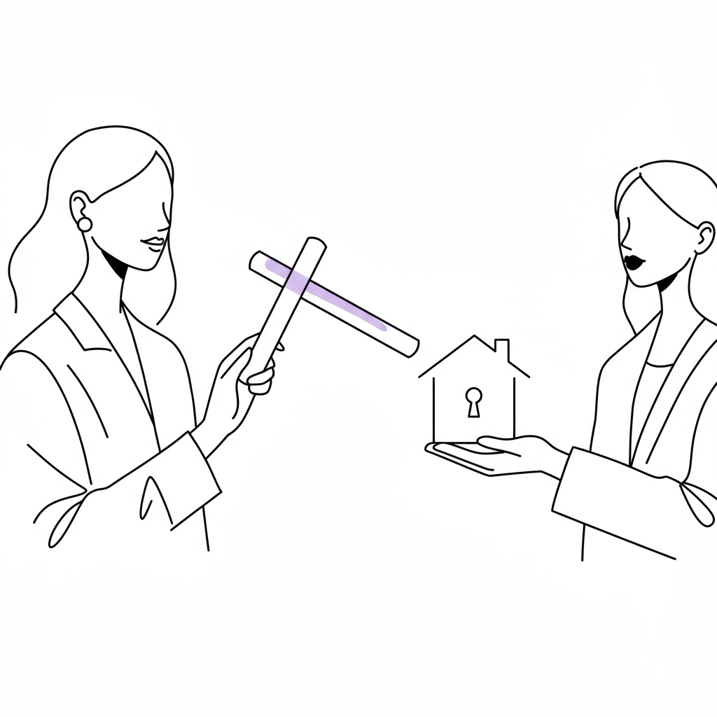 Line art: woman entrepreneur passing baton (highlighted in pastel purple) symbolizing shared responsibility for business growth | Femmeprenista
