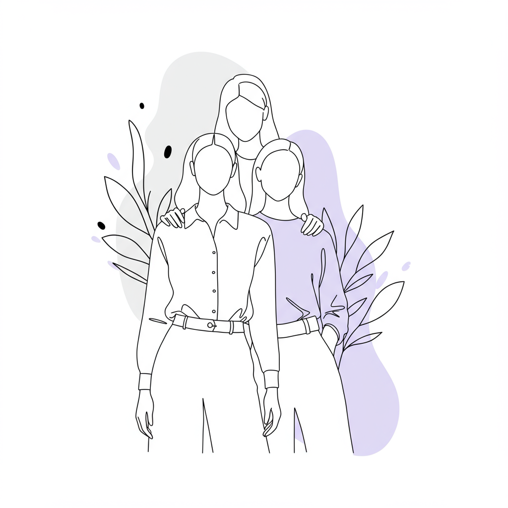 Modern line art: Two stylized women, one supporting the other, pastel purple path suggesting mentorship | Femmeprenista