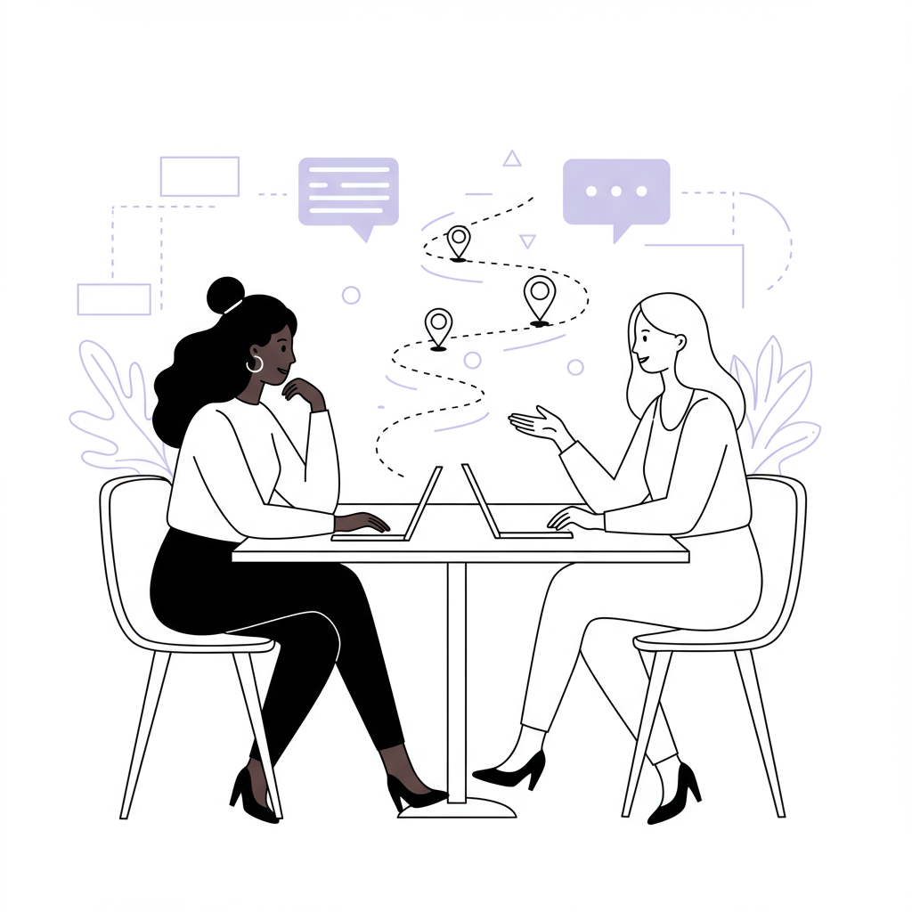 Chic line art illustration: two female entrepreneurs in conversation, mentorship symbolized by pastel purple milestones | Femmeprenista