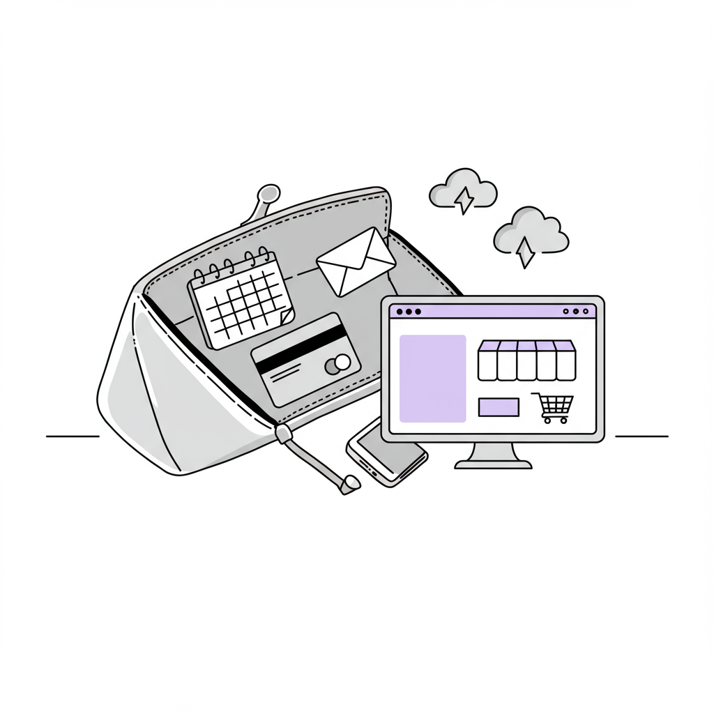 Tech Overwhelm for New Coaches? Simple Starter Kit! 3 Line art: 'Tech toolkit' clutch bag showing calendar, credit card, email, cloud, and website icons; pastel purple accent on screen | Femmeprenista