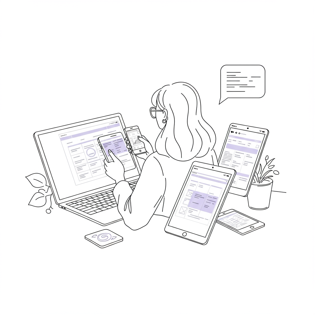 Tech Overwhelm for New Coaches? Simple Starter Kit! 2 Elegant line art of a woman managing tech with ease, pastel purple tablet screen accent. Holistic success, not tech overwhelm | Femmeprenista