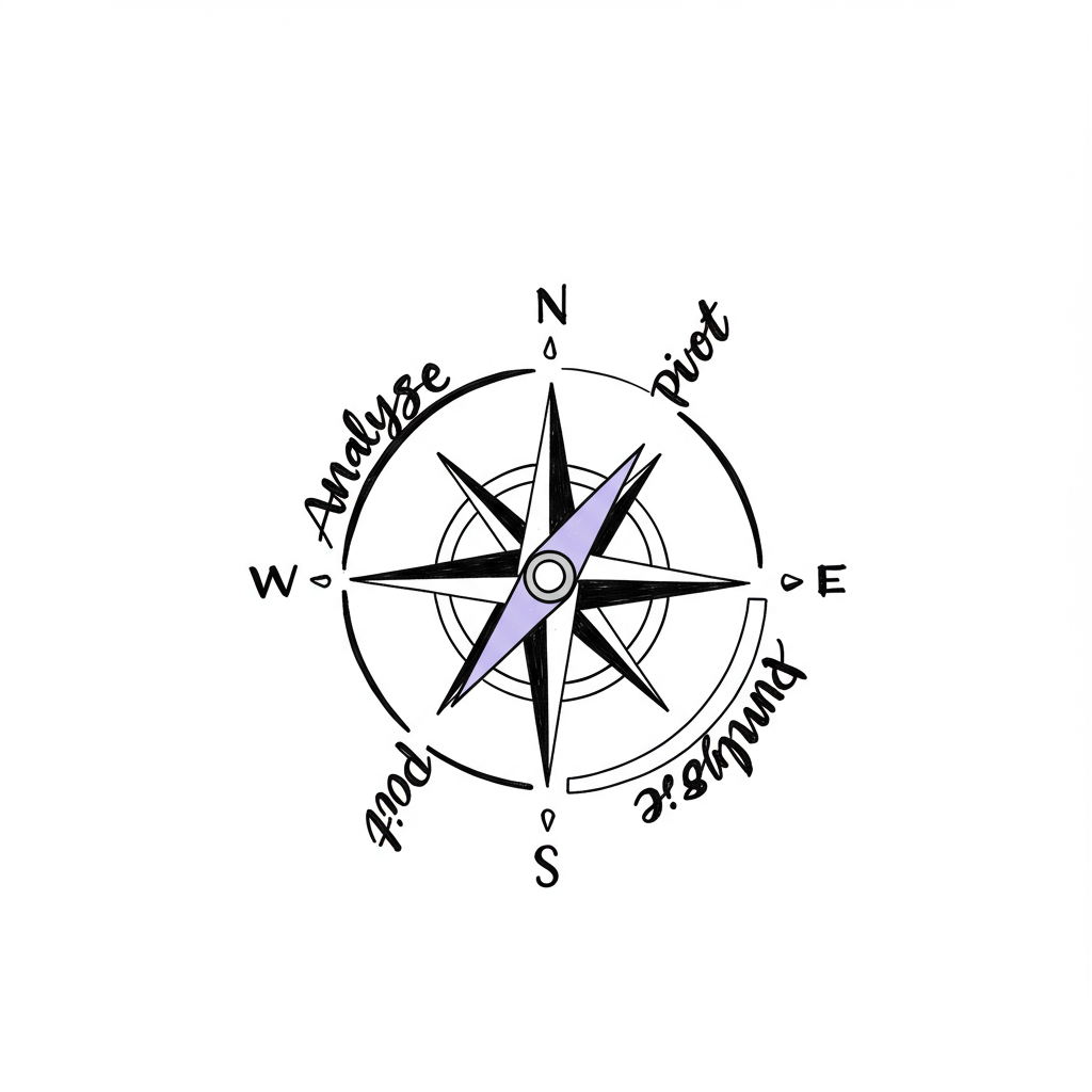 Modern line art of a stylized compass pointing to "Analyze," "Extract," and "Pivot"; pastel purple needle highlights guidance | Femmeprenista