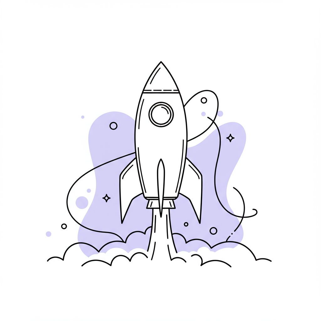 Chic line art of rocket taking off, fueled by pastel purple flames; symbolizing how rejection fuels business growth | Femmeprenista