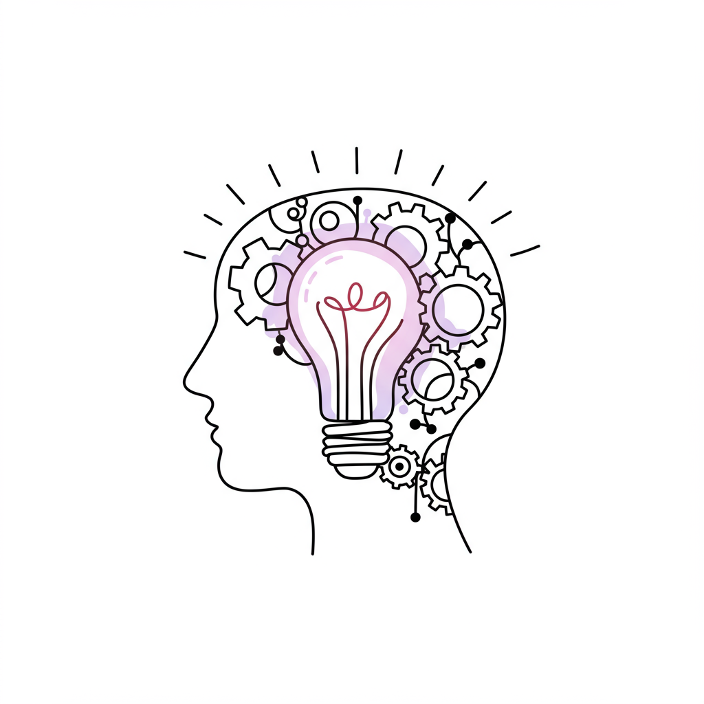 Black and white line art: Interconnected gears powering a lightbulb within a head, pastel purple accent symbolizing insight | Femmeprenista