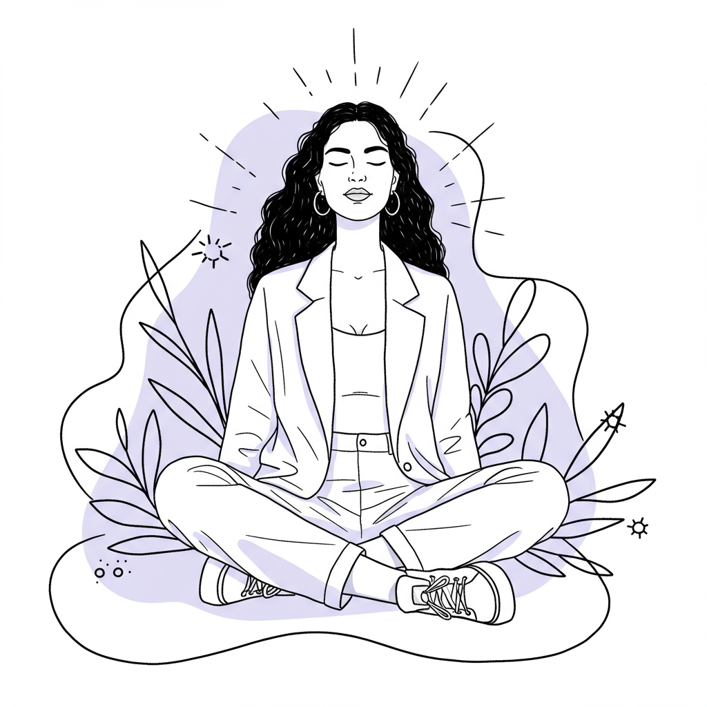 Chic black and white line art illustration: Stylized female entrepreneur meditating with pastel purple accent on trousers | Femmeprenista