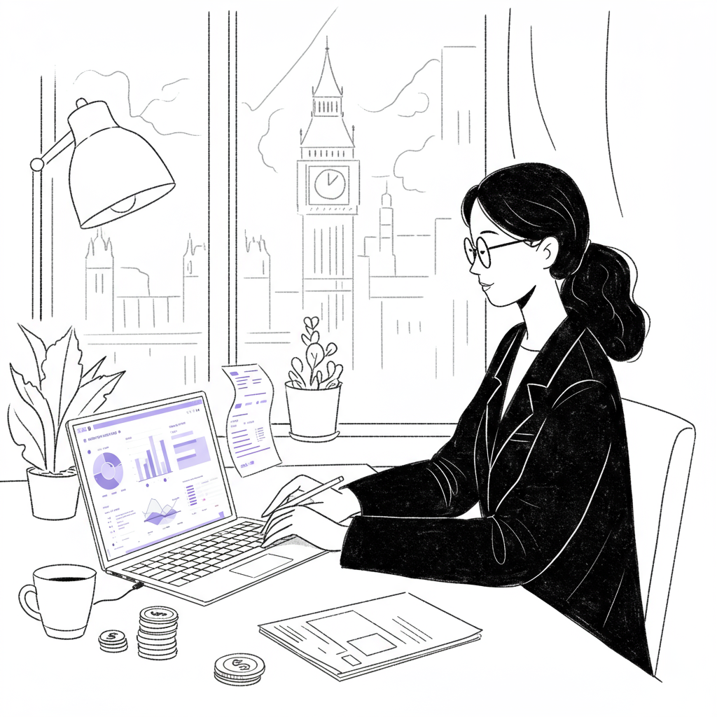 Chic line art: UK female entrepreneur calmly managing her business finances with clarity; pastel purple laptop accent | Femmeprenista