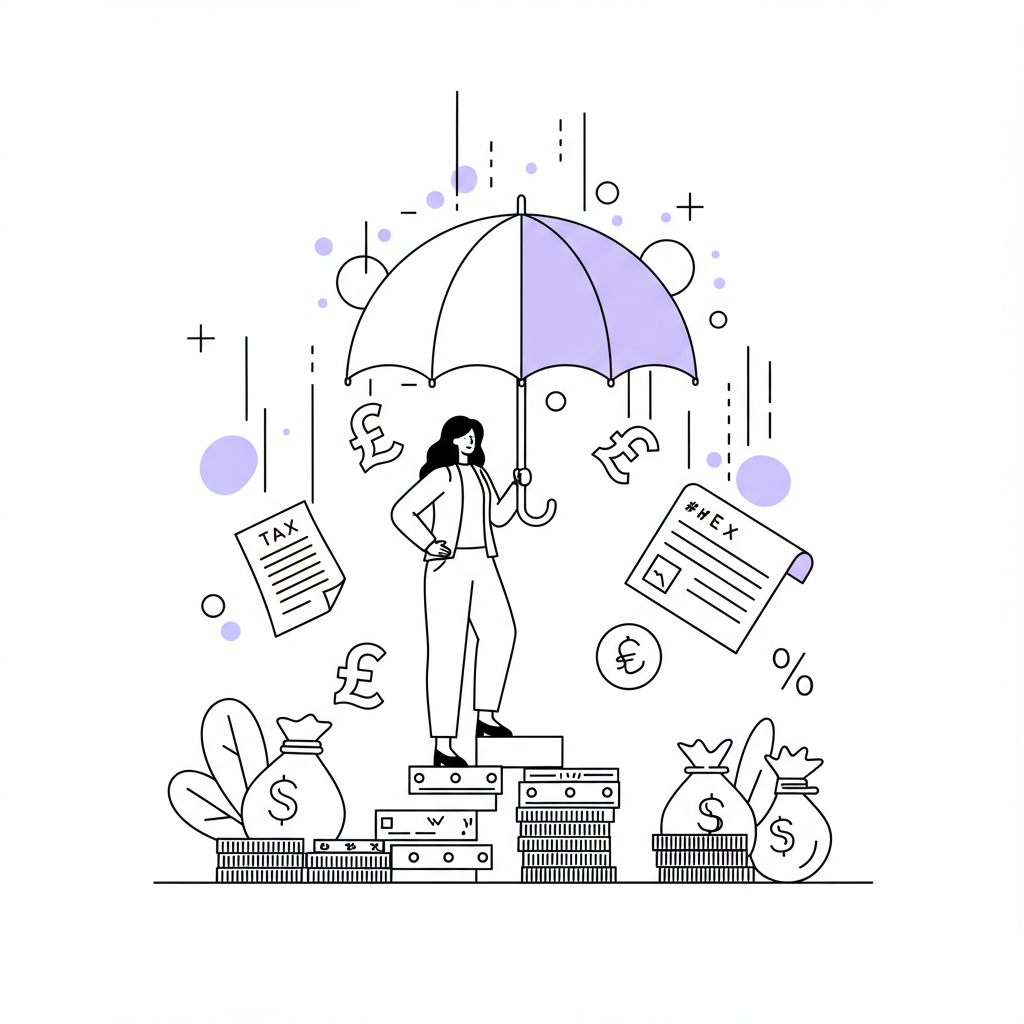 Chic line art: UK female entrepreneur with financial security umbrella, shielded from taxes; pastel purple accent | Femmeprenista
