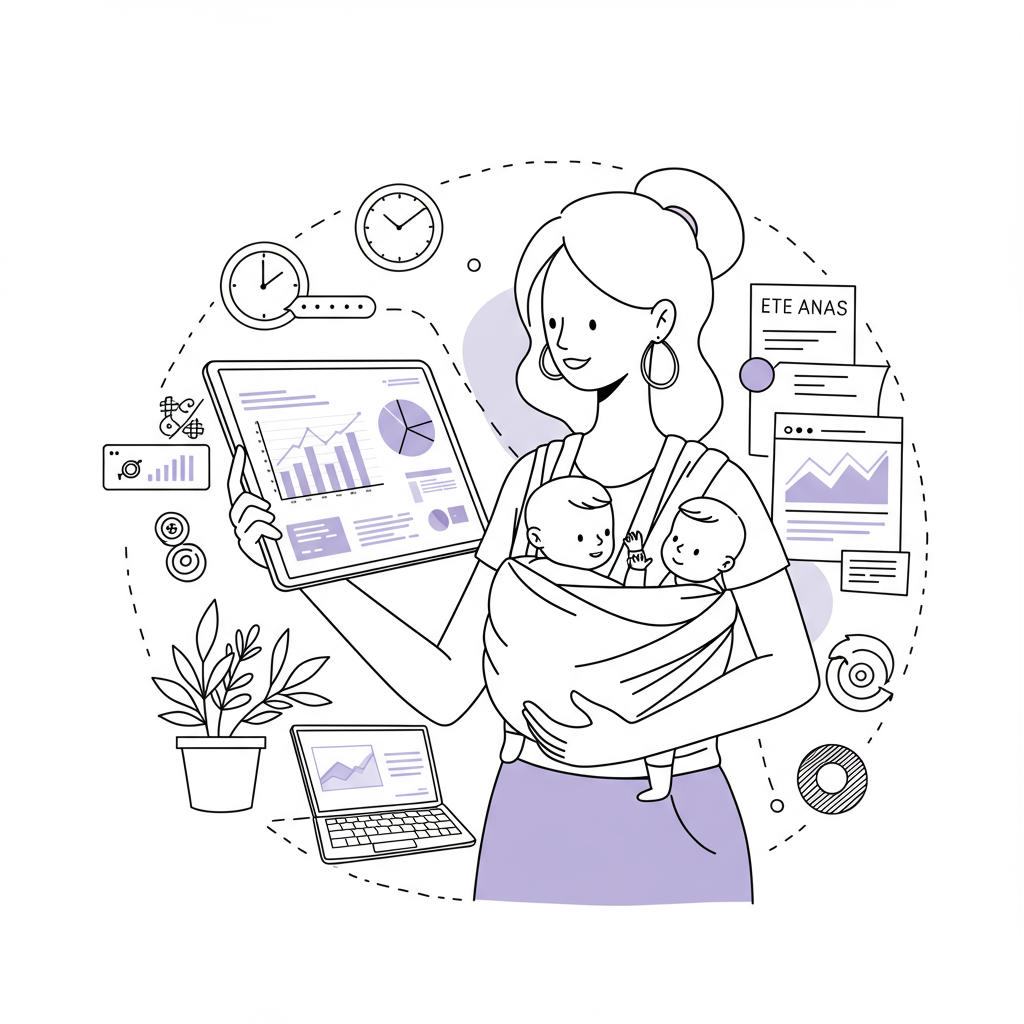 Chic line art: female entrepreneur multitasking with baby in sling, reviewing business analytics on tablet; pastel purple on screen | Femmeprenista