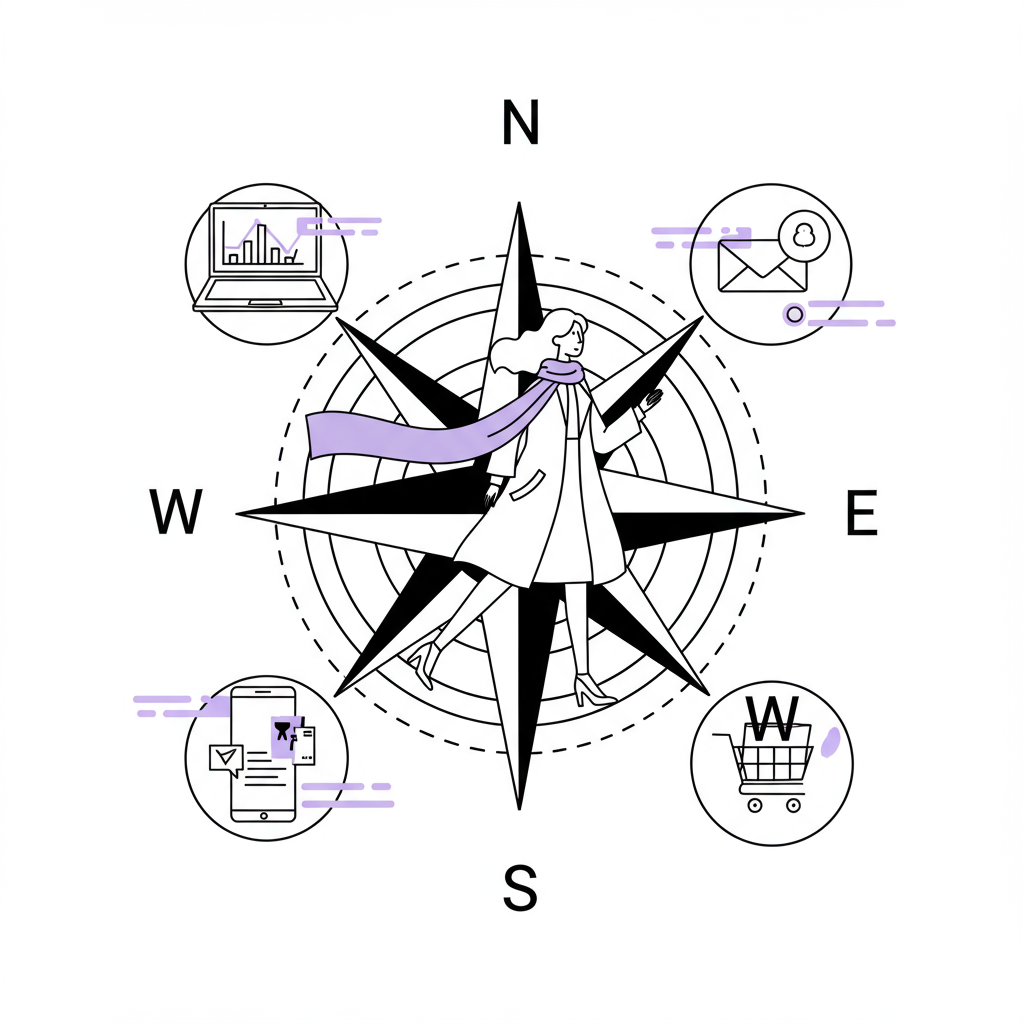 Elegant line art: Female entrepreneur confidently navigating business analytics with data-driven compass; pastel purple scarf | Femmeprenista