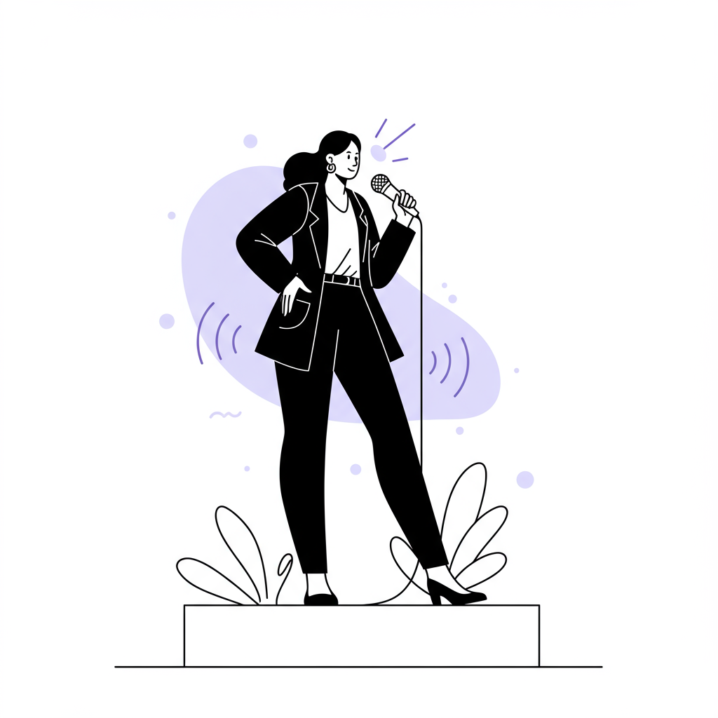 Chic line art: Empowered female entrepreneur on stage with microphone, pastel purple accent, soundwaves radiate. Visibility for female entrepreneurs | Femmeprenista