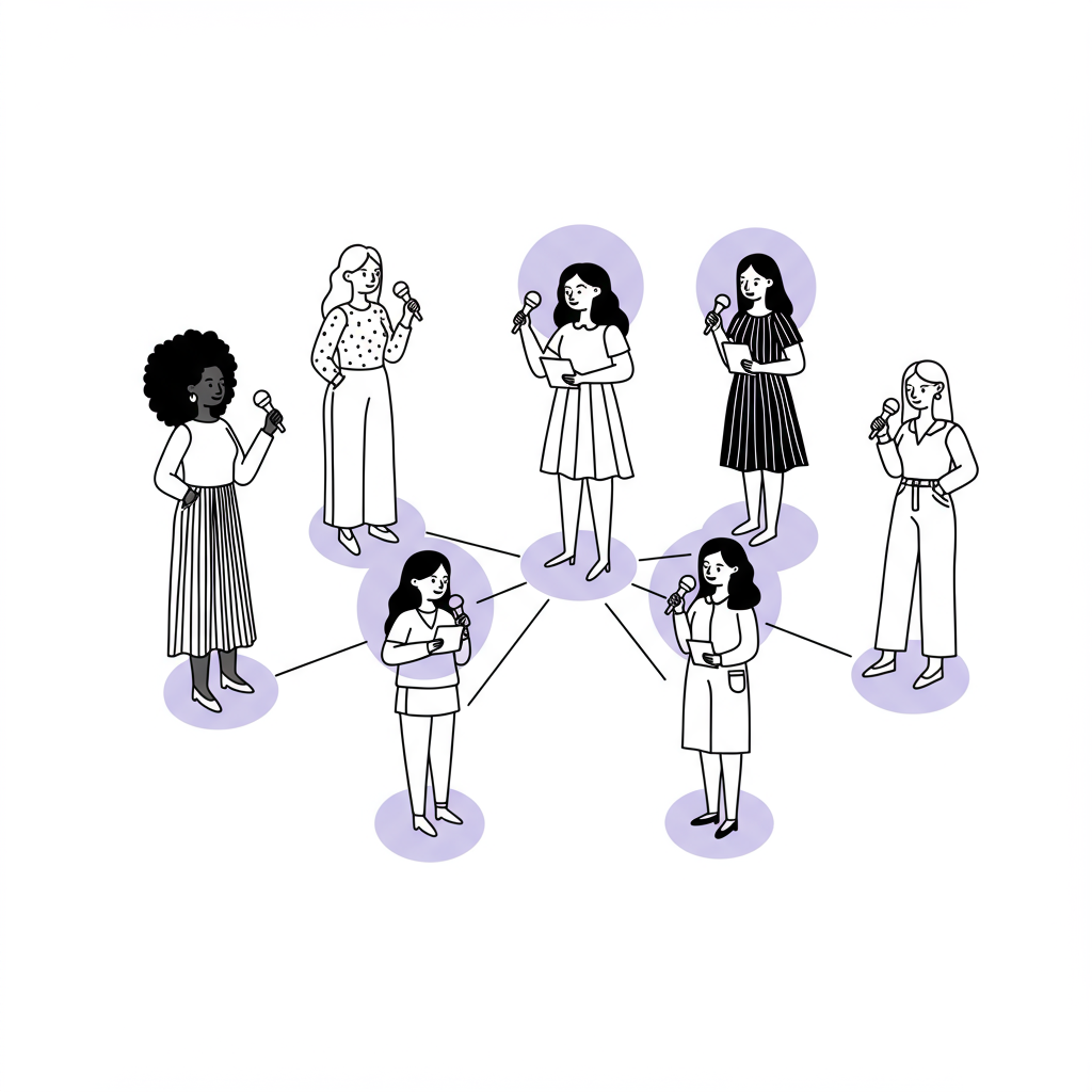 Line art illustration: Diverse female entrepreneurs connected by glowing lines, pastel purple accent, amplifying voices and visibility | Femmeprenista