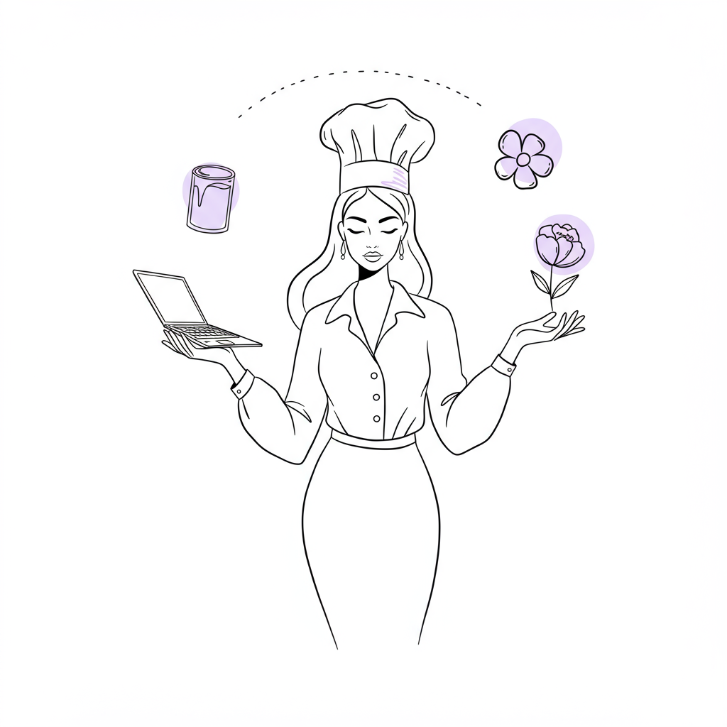 Line art: Femmeprenista juggling laptop, chef's hat & flower, black and white with pastel purple flower accent, balance | Femmeprenista