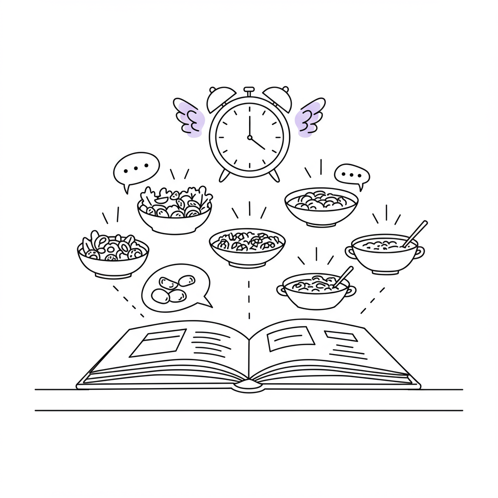 Modern line art illustration: Cookbook with meal ideas and winged clock, pastel purple accent; effortless meal planning for entrepreneurs | Femmeprenista