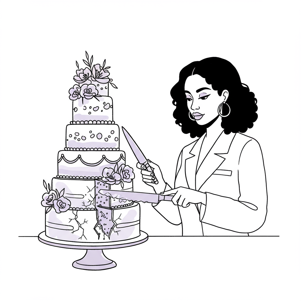 Breaking Your Unconscious Income Cap: A Scaling Leader's Guide 3 Chic line art: Black female entrepreneur slicing through a cracked cake tier, representing breaking an unconscious income cap, purple sugar flowers | Femmeprenista