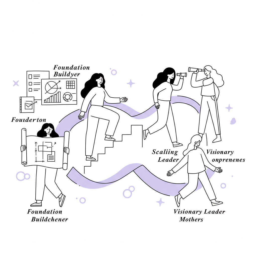 Chic line art: diverse women entrepreneurs connected by a pastel purple ribbon, symbolizing community for entrepreneurial mothers | Femmeprenista