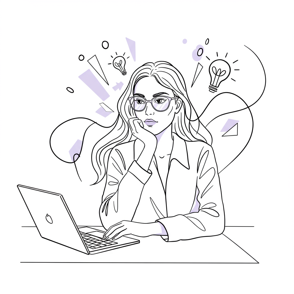 Chic black and white line art of a focused female entrepreneur at her desk, flowing lines representing ideas; pastel purple glasses highlight | Femmeprenista