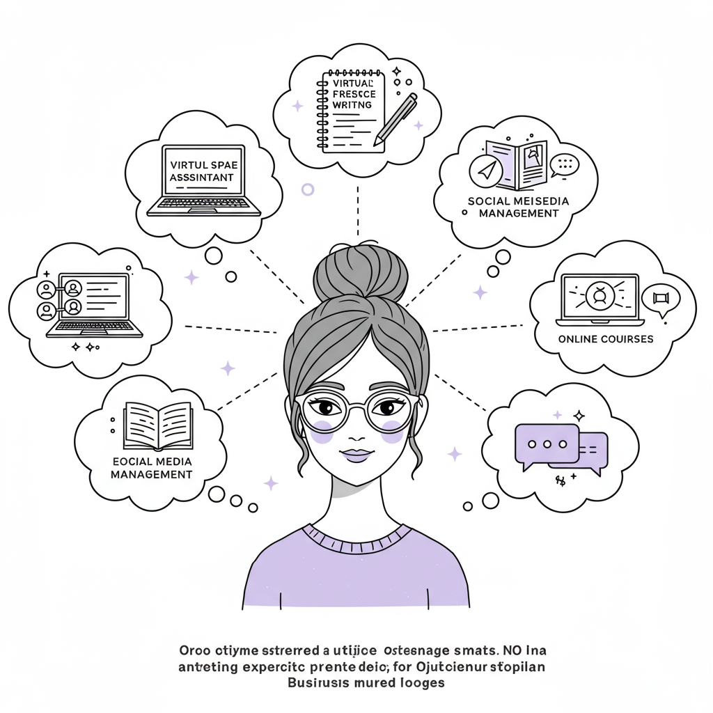 Chic line art: Mum surrounded by thought bubbles of online business ideas. Black and white with pastel purple stars | Femmeprenista