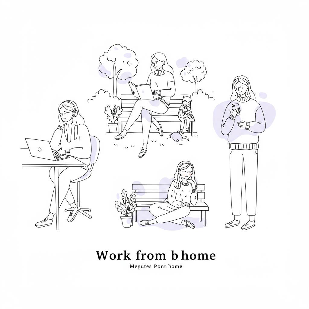Modern line art: Diverse mums balancing work and life, pastel purple floral accents on clothing | Femmeprenista